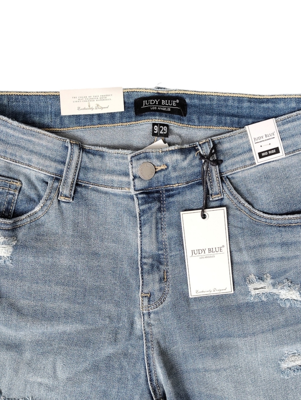 Judy Blue Light Wash Distressed Denim Bermuda Shorts - Light Blue - Picture 4 of 5